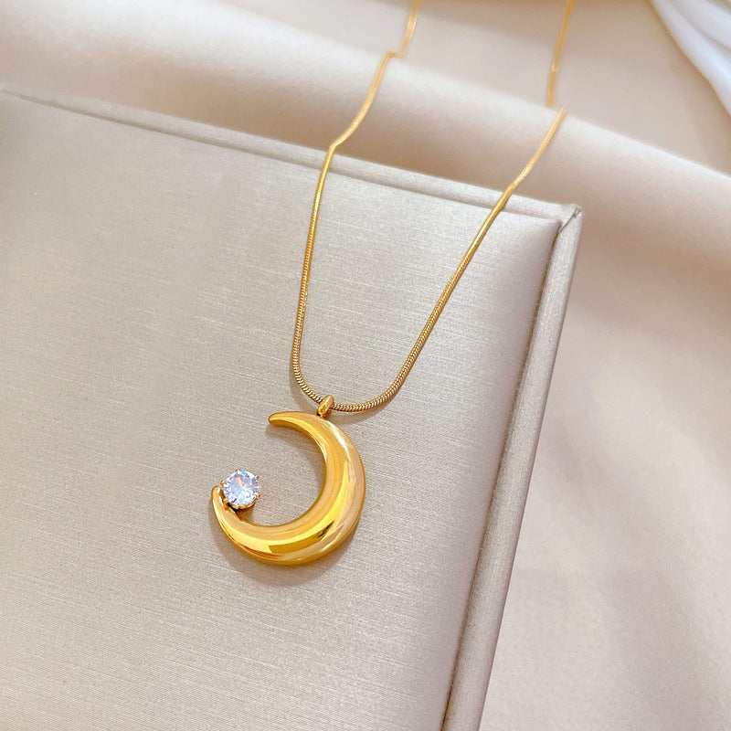 Minimalist Moon-Shaped Titanium Steel Necklace with Zircon Inlay for Women Fashionable Clavicle Chain