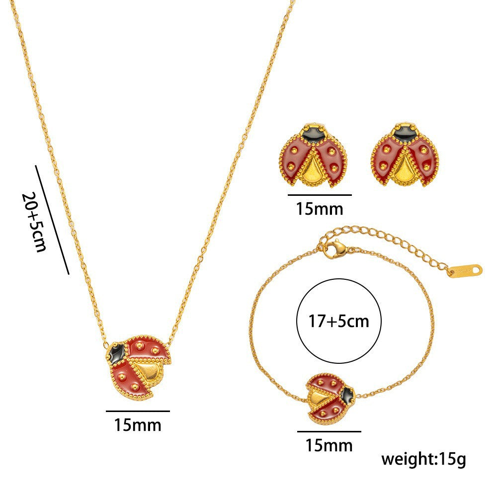 Set di gioielli da donna con fiore a conchiglia a coccinella in acciaio al titanio placcato oro 18 carati e bracciale a catena O con olio smaltato a goccia, minimalista
