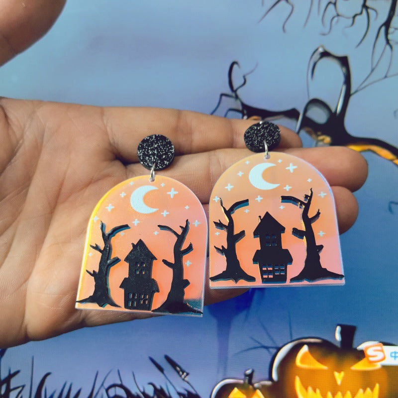 Pendientes de acrílico con diseño de casa de terror, árbol, luna y estrella, estilo dibujo animado, para Halloween