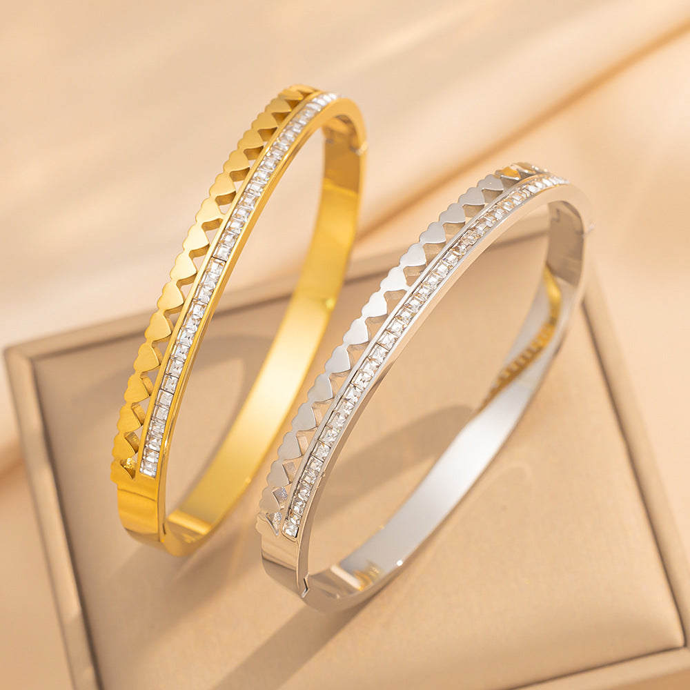 Fashion Stainless Steel Heart-Shaped Tennis Bracelet with Full Rhinestone Inlay for Women