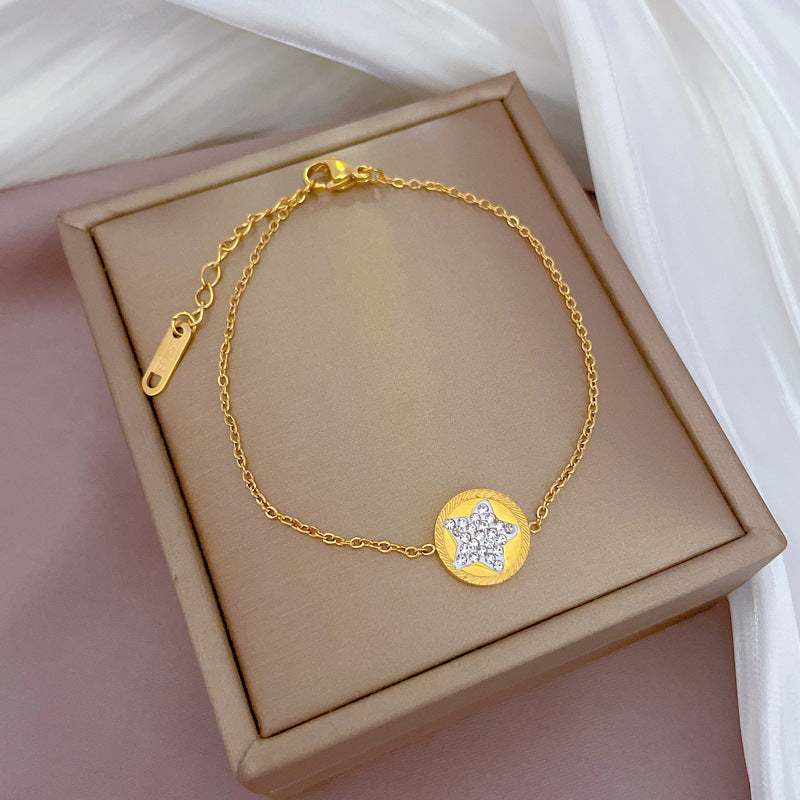 Collar con colgante de estrella geométrica minimalista en acero de titanio con incrustaciones de diamantes de imitación para mujer y hombre