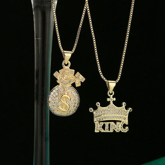 Minimalist Crown-Shaped Pendant Necklace for Women with Gold Plated Copper and Rhinestone Inlay