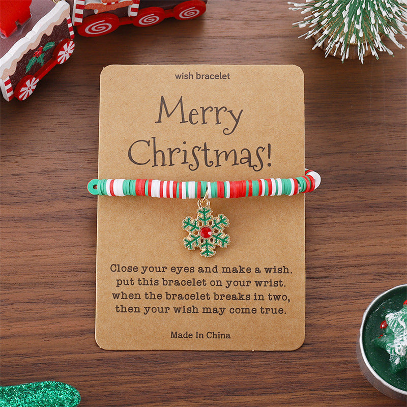 Pulsera de Papá Noel geométrico de moda y colgante de copo de nieve con base de aleación y cuentas de arcilla polimérica con acabado esmaltado
