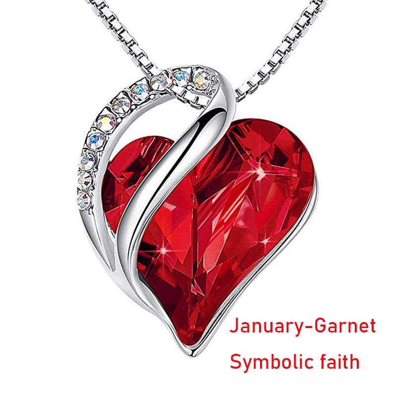 Elegant Heart Shape Alloy Inlaid Crystal Gemstone Necklace with Box Chain for Women