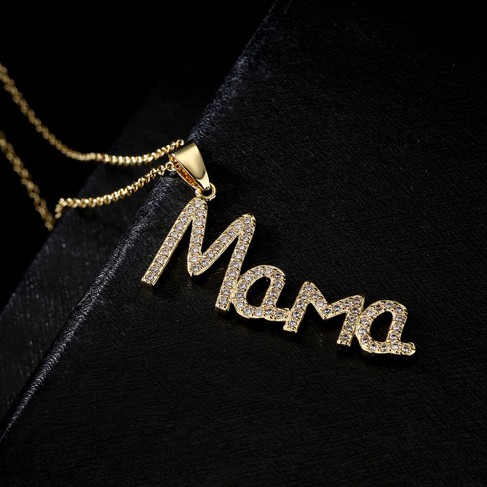 Geometric MAMA Pendant Necklace in Copper with Cubic Zirconia Inlay and 18K Gold Plating for Women
