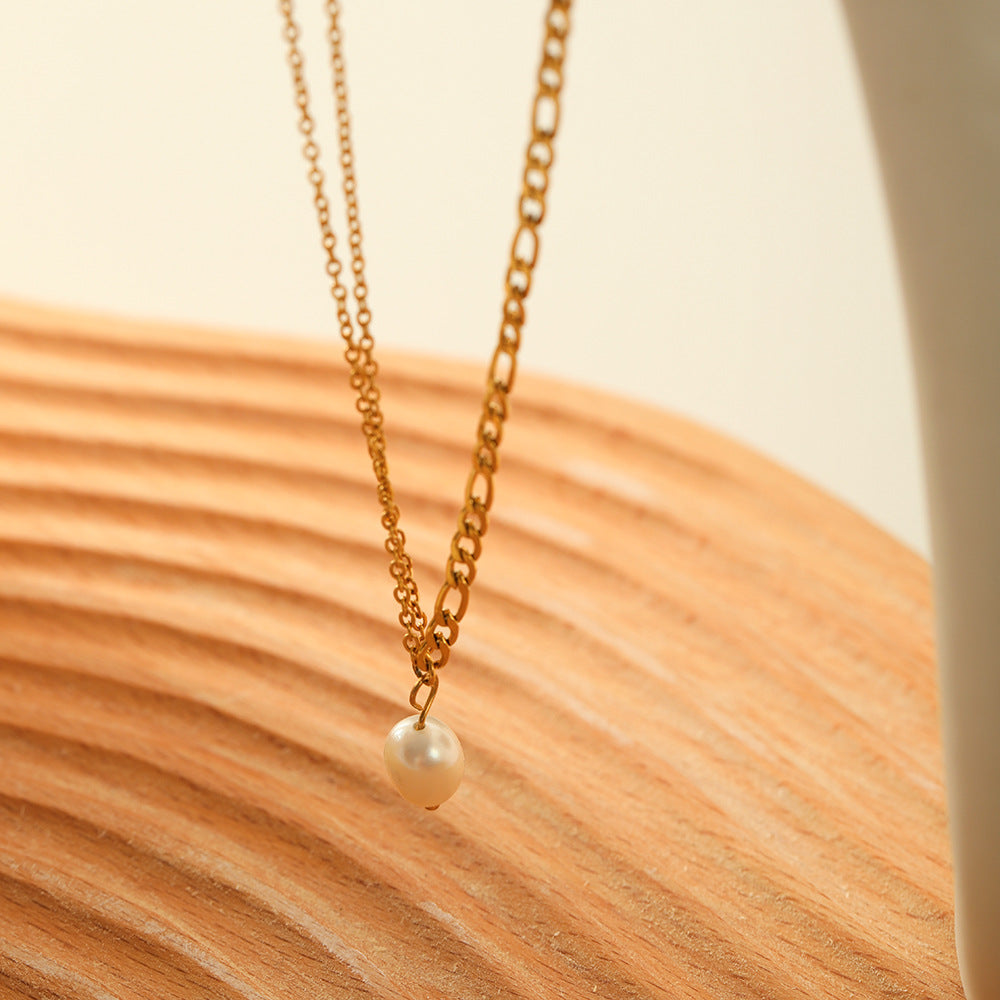 Minimalist Geometric Double-Layer Snake Chain Necklace with Freshwater Pearl Pendant in Titanium Steel Plated with 18K Gold for Women