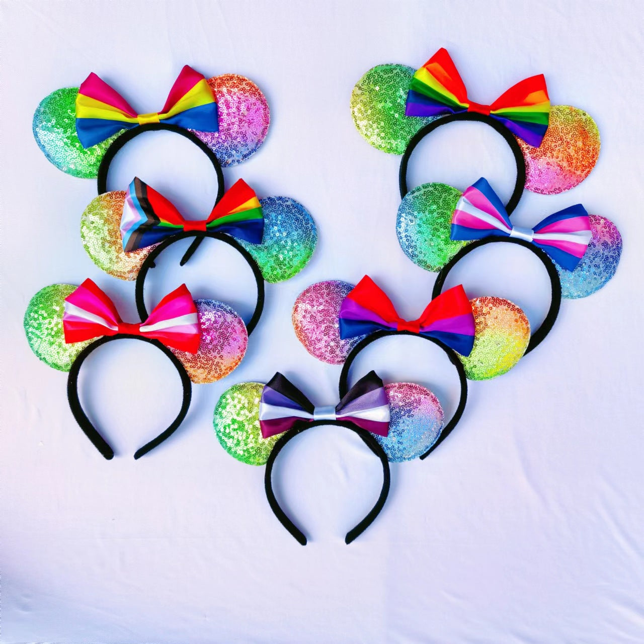 Cartoon Mickey Mouse Ear Headband with Rainbow Sequins and Bow for Theme Parties