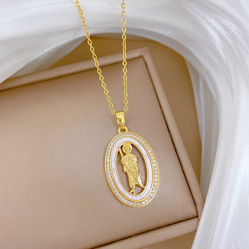 Sweet Oval Geometric Cartoon Portrait Shell Rhinestone Pendant Titanium Steel Necklace for Unisex