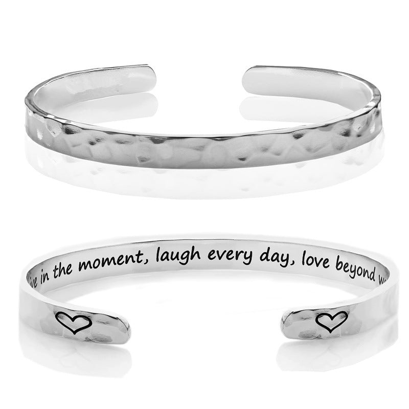 Minimalist Stainless Steel Engraved Open Moon Surface Textured Hammered Bracelet