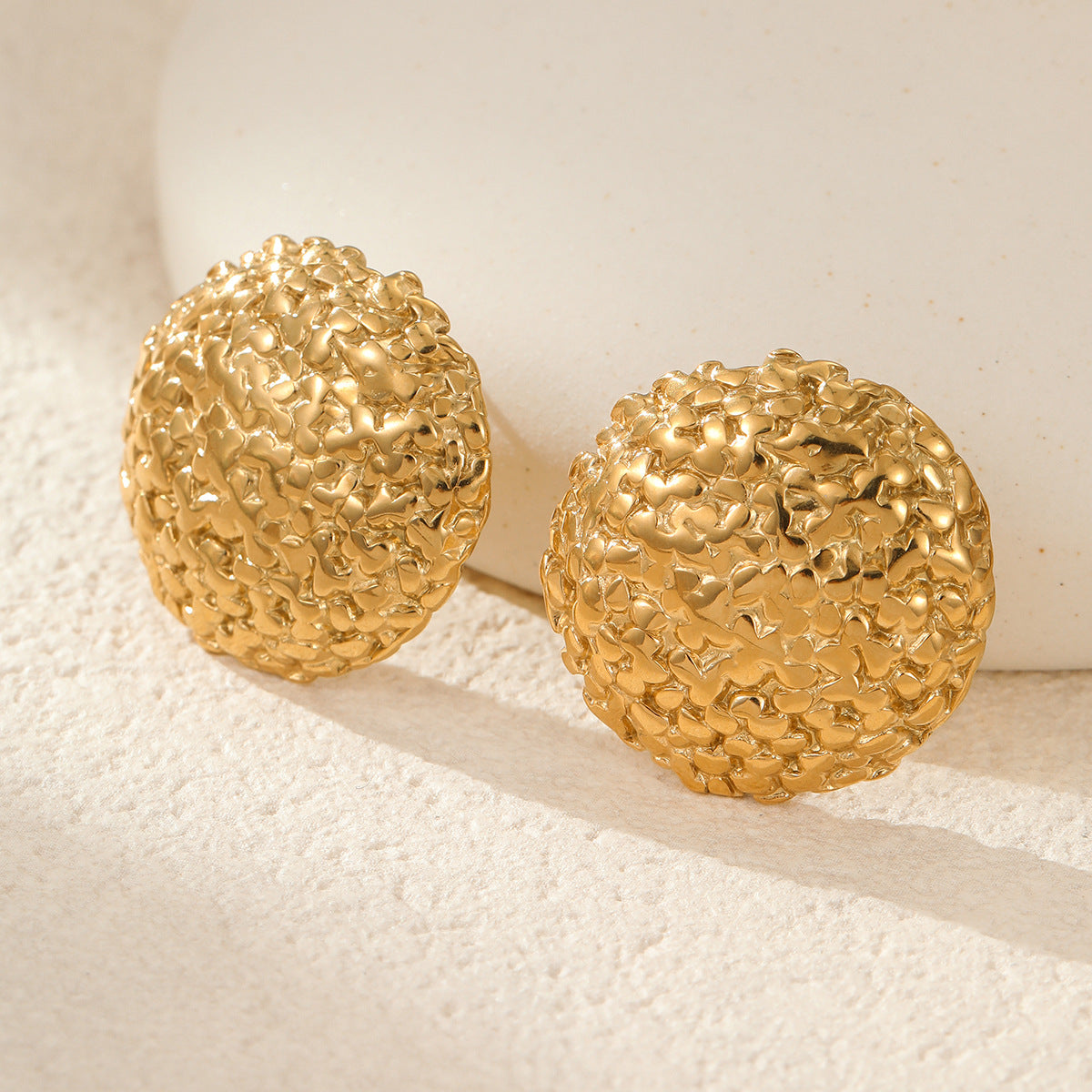Minimalist Geometric Stainless Steel Ball Earrings with Wrinkled Texture and 18K Gold Plating for Women