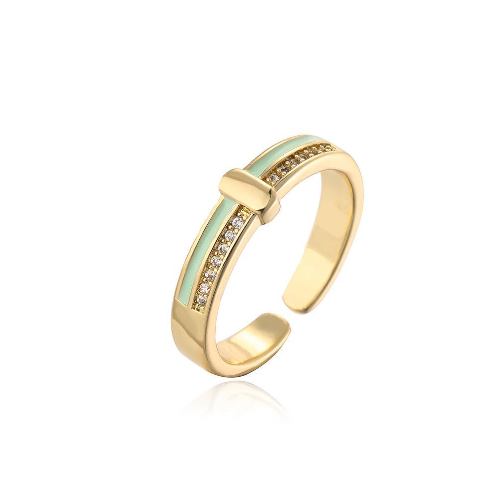 Anello minimalista geometrico in rame con placcatura in oro vero e accenti di zirconi smaltati da donna