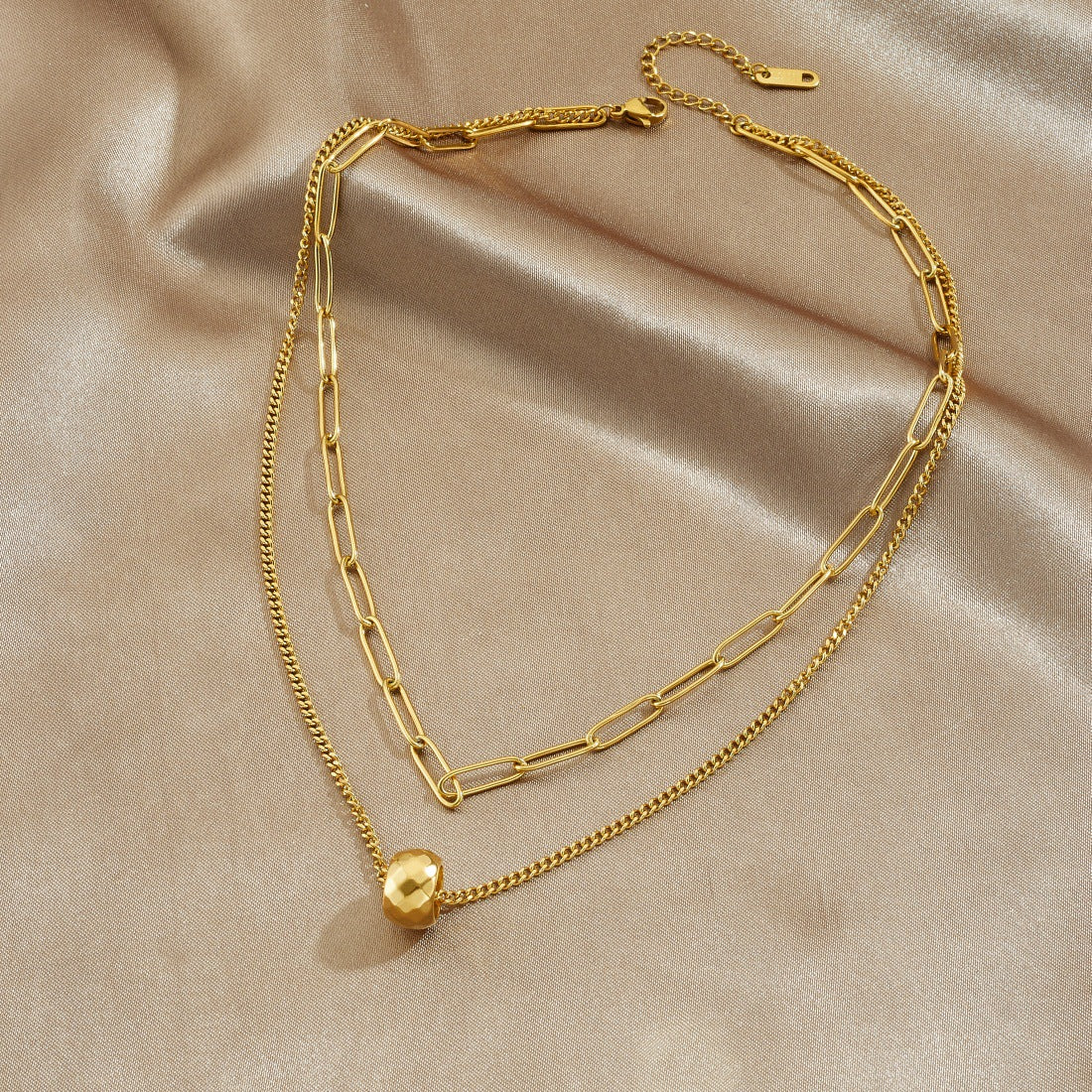 Minimalist Gold Plated Geometric Round Stainless Steel Pendant Necklace Double Layer Curb Chain