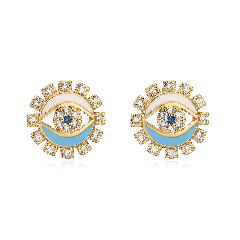 Minimalist Geometric Demon Eye Stud Earrings for Women in Copper with Enamel Finish