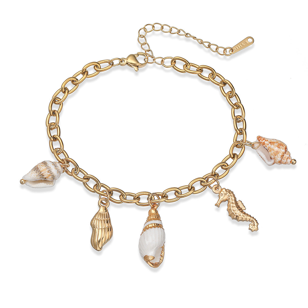 18K Gold Plated Stainless Steel Geometric Shell Seahorse Bracelet for Women
