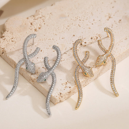Minimalist Snake-Shaped Geometric Earrings in Copper with 18K Gold Plating and Micro-Pavé Zirconia for Women