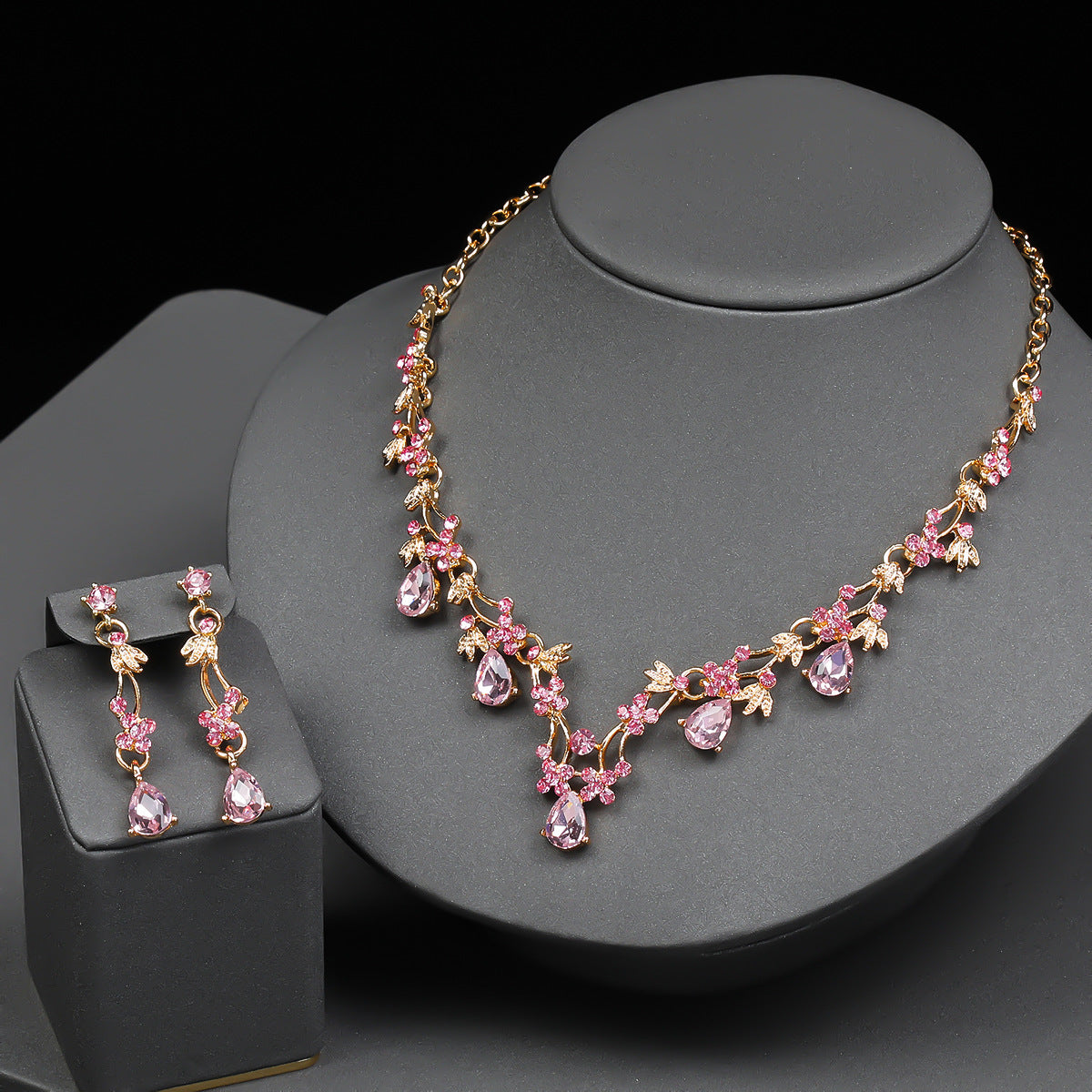 Charming Floral Wedding Necklace and Earrings Set for Women with Rhinestone Accents, Alloy Pendant and Chain, Plated Finish, O-Chain Style, Cherry Blossom Petal and Olive Branch Design
