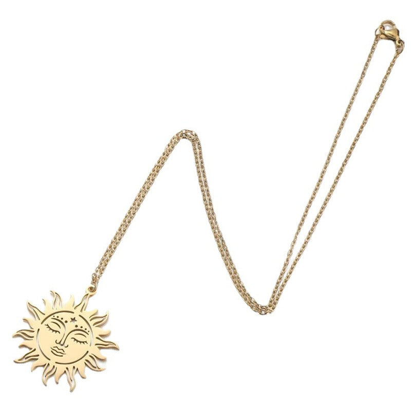 Elegant Greek Sun Goddess Pendant Necklace in Stainless Steel with Polished Finish, Geometric Design, Floral Daisy Motif, for Women