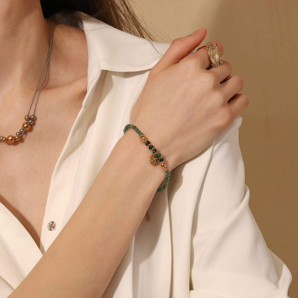 Vintage-Inspired Geometric Stainless Steel 18K Gold Plated Coin Bracelet with Natural Stone for Women
