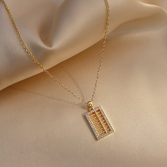 Minimalist Abacus-Shaped Titanium Steel Necklace with Micro-Pave Detailing for Women and Men, Delicate Clavicle Chain with Electroplated Finish
