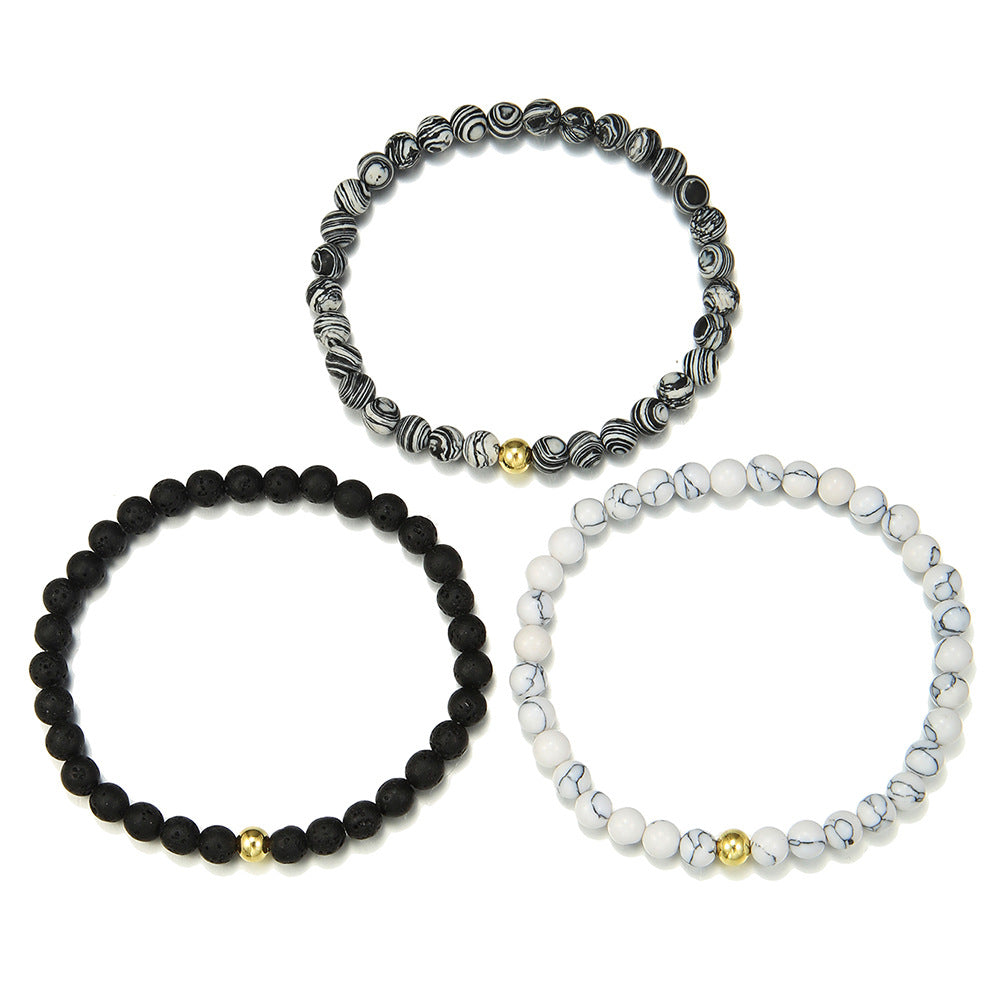 Vintage Minimalist 6mm Round Gemstone Beaded Bracelet Set Plated Geometric Design