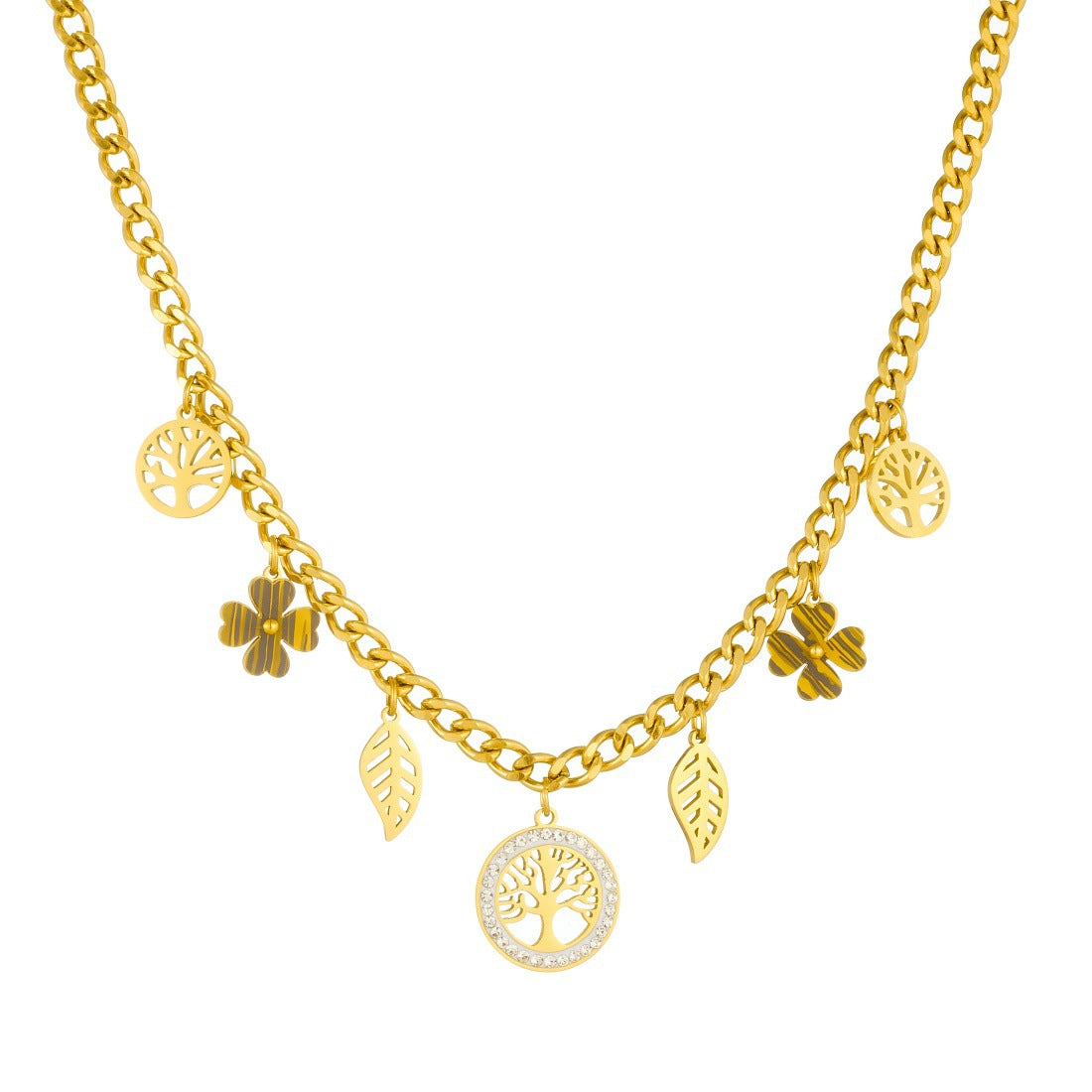 Elegant Gold Plated Rhinestone Round Tree Leaf Hollow Pendant Serpentine Chain Stainless Steel Jewelry Set for Women