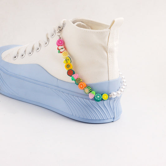 Tobillera geométrica minimalista de aleación con frutas de arcilla polimérica de colores y detalles de perlas de imitación para mujer