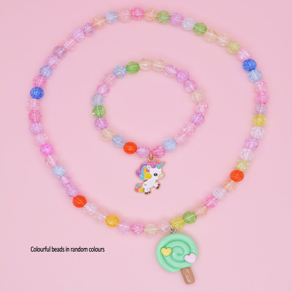 Collana con Pendente Unicorno Cartone Animato per Bambini in Resina con Catena di Perline Rotonde, Set di Gioielli per Bambine in Stile Principessa