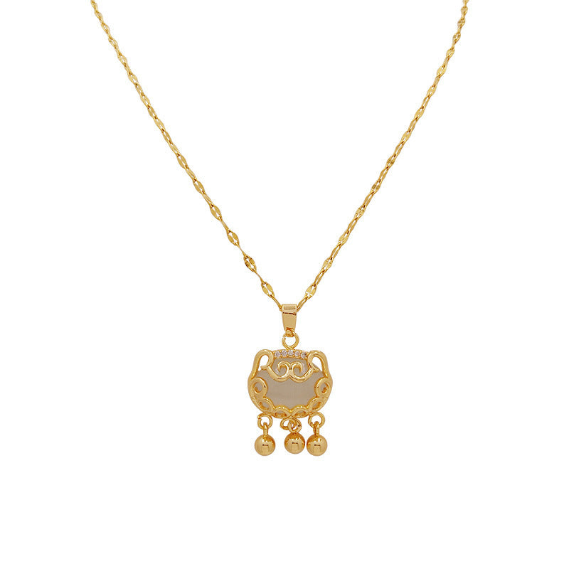 Vintage Geometric Titanium Steel Plated Longevity Lock Pendant Necklace for Women with Cable Chain