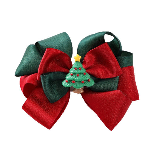 Cartoon-Style Red Bow Hair Clip for Kids Christmas-Themed Hair Accessory with Santa Claus and Christmas Tree Pattern