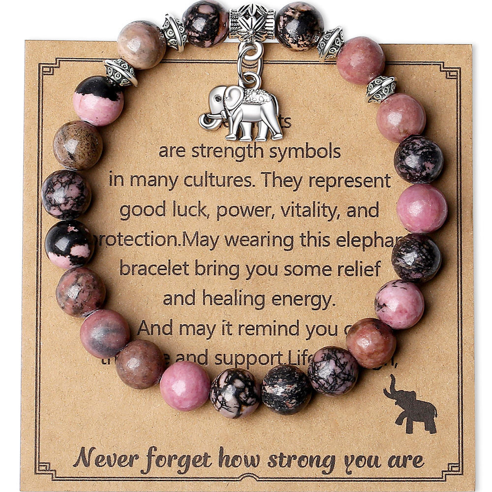8mm Natural Stone Charm Bar Bracelet with Elephant Amethyst Amazonite Rose Quartz Fluorite Unisex Handmade Jewelry