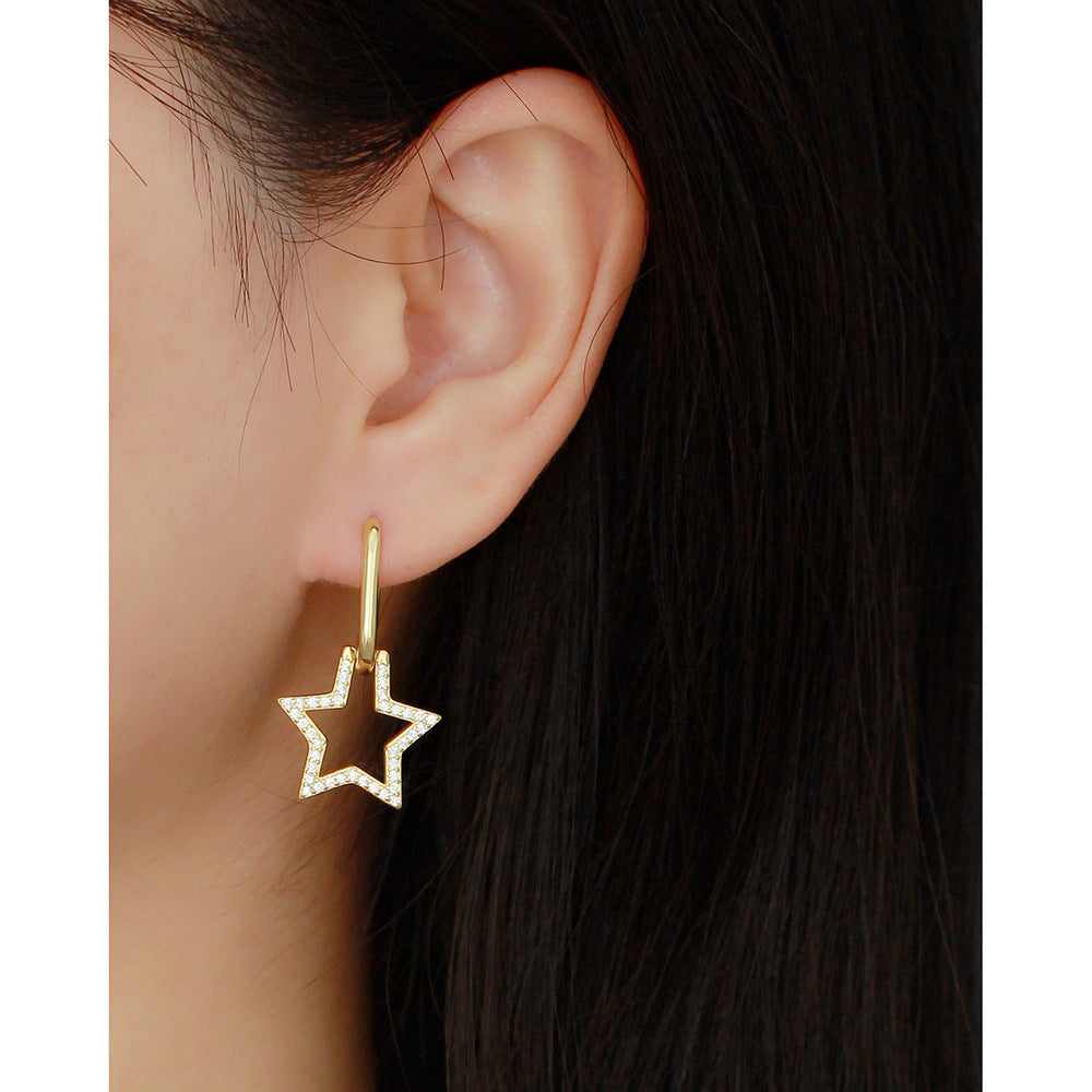Orecchini a perno da donna a forma di stella in argento sterling S925, stile lussuoso, con intarsio di strass