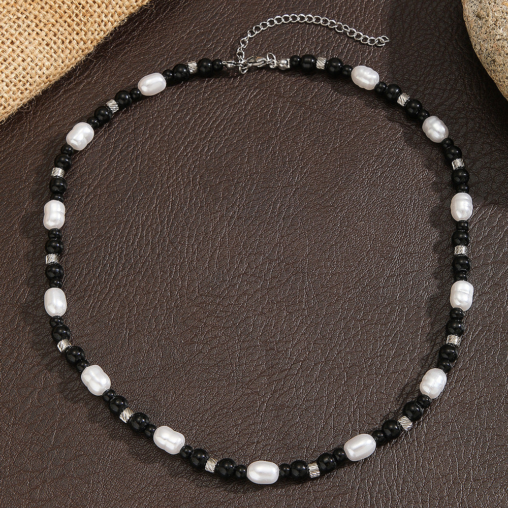 Minimalist Geometric Imitation Pearl and Agate Beaded Necklace with Plated Ball Chain for Unisex