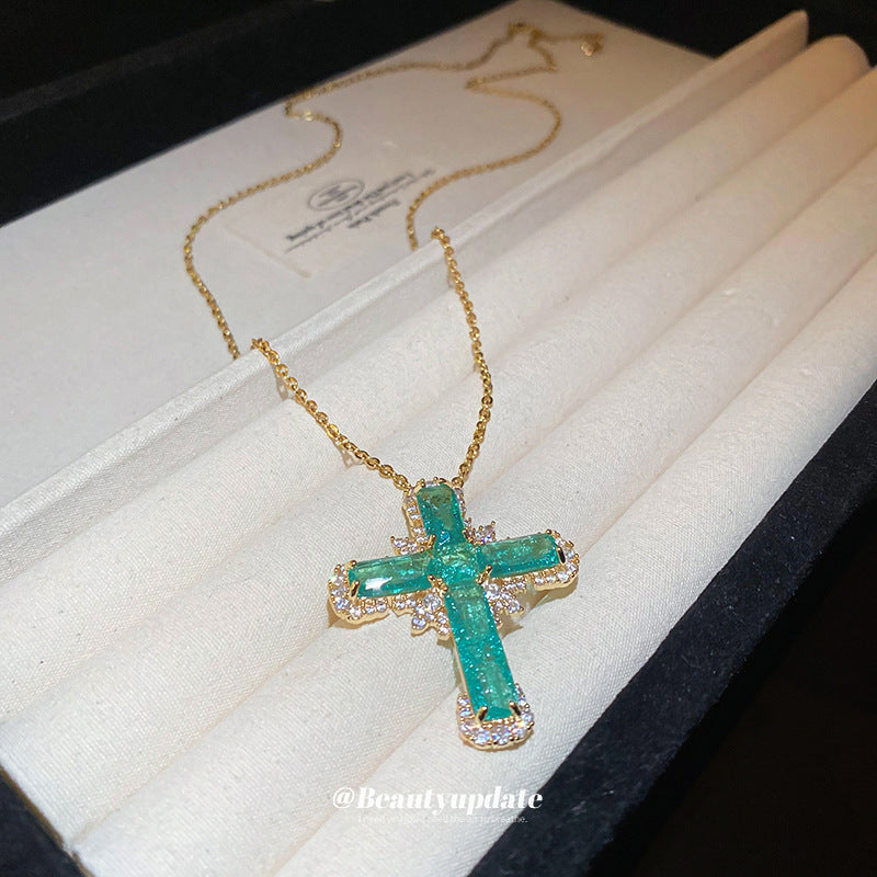 Elegante collana pendente a croce da donna in rame con intarsio di strass, design geometrico, stile catena clavicola