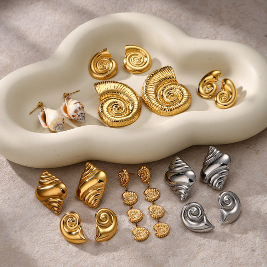 Summer 2024 Seashell-Shaped Stainless Steel Earrings for Women with Plated Finish — Beach-Inspired Minimalist Ear Studs