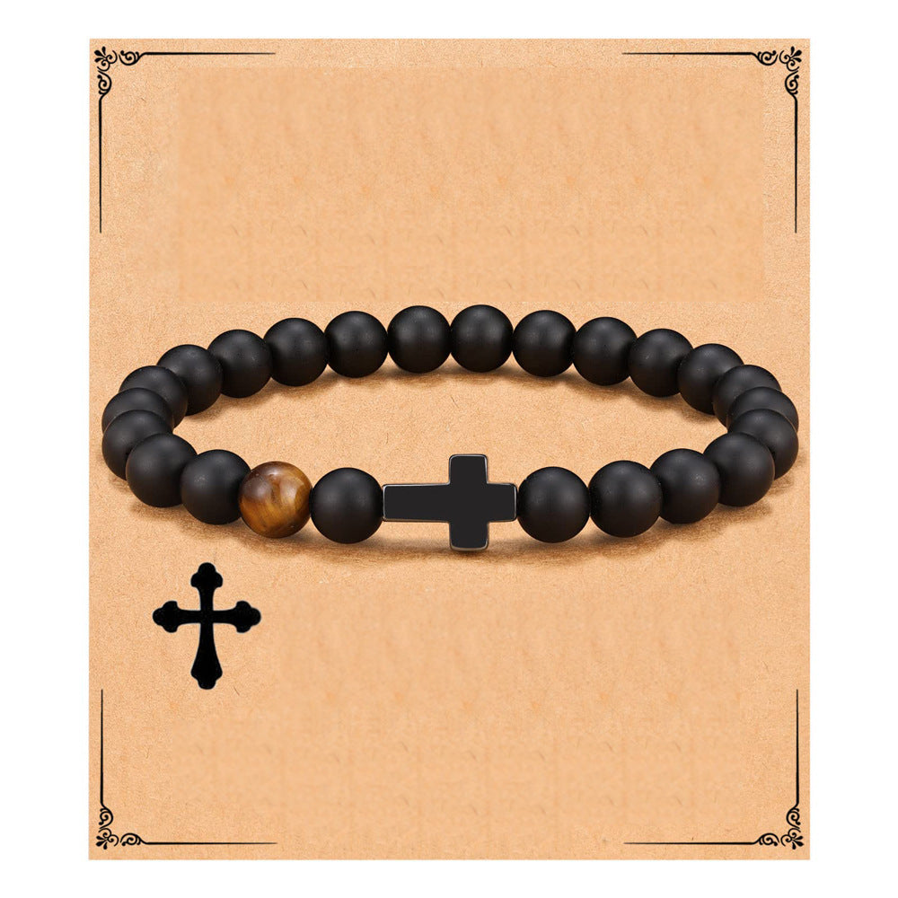 Matte Natural Black Agate and Yellow Tiger Eye Cross Bracelet Unisex 8mm Beaded Hand Chain