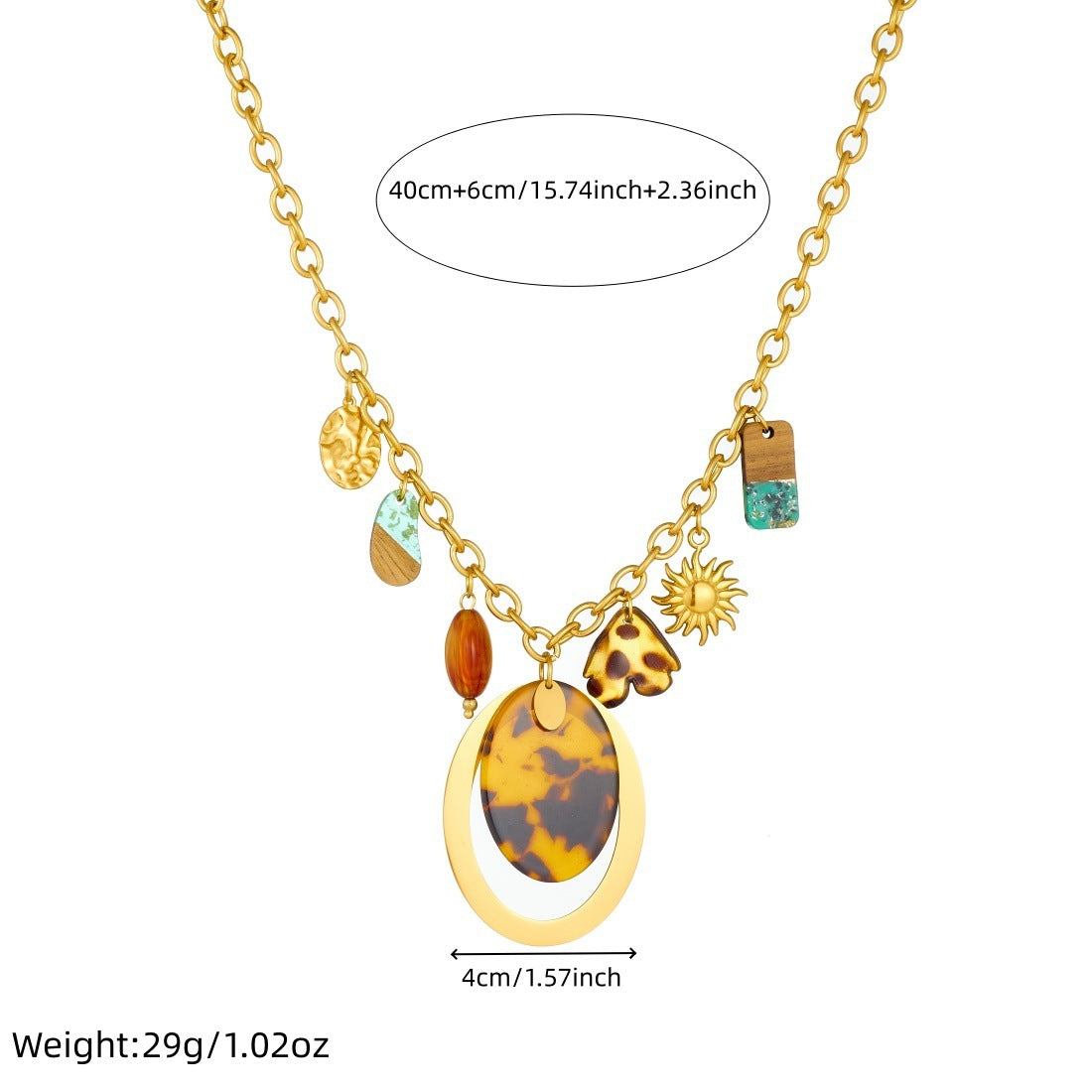 Vintage Gold Plated Geometric Oval Leopard Print Stainless Steel Pendant Necklace for Women
