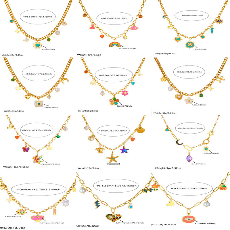 Fashion Colorful Drip Oil Flower Butterfly Eye Pendant Stainless Steel Cable Chain Necklace for Women