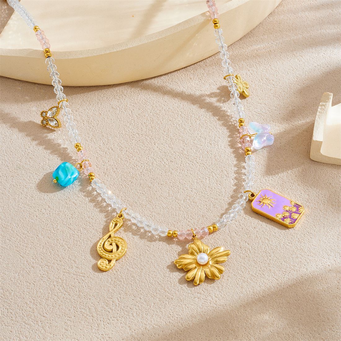 Vintage Luxury Geometric Floral Butterfly Drip Oil Stainless Steel Ball Chain Necklace with Music Note Beads for Women