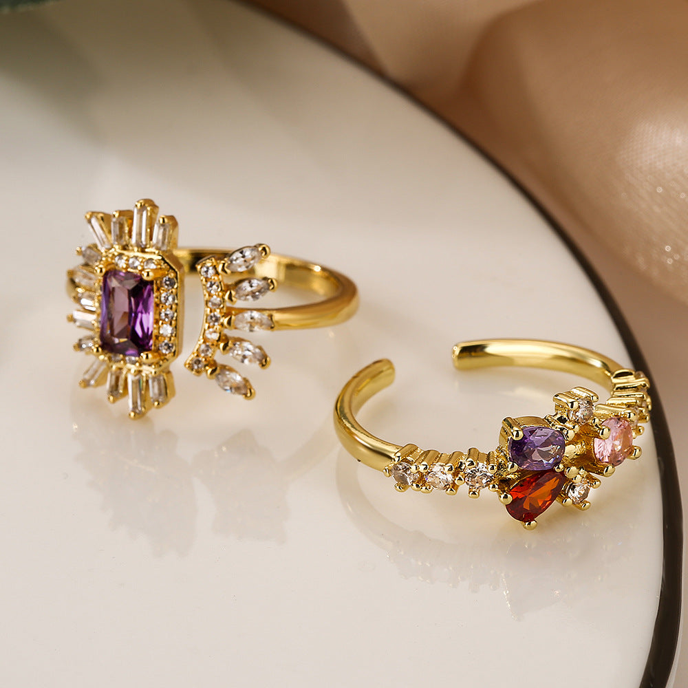 Anello da donna minimalista irregolare geometrico in rame con placcatura in vero oro e intarsio di zirconi