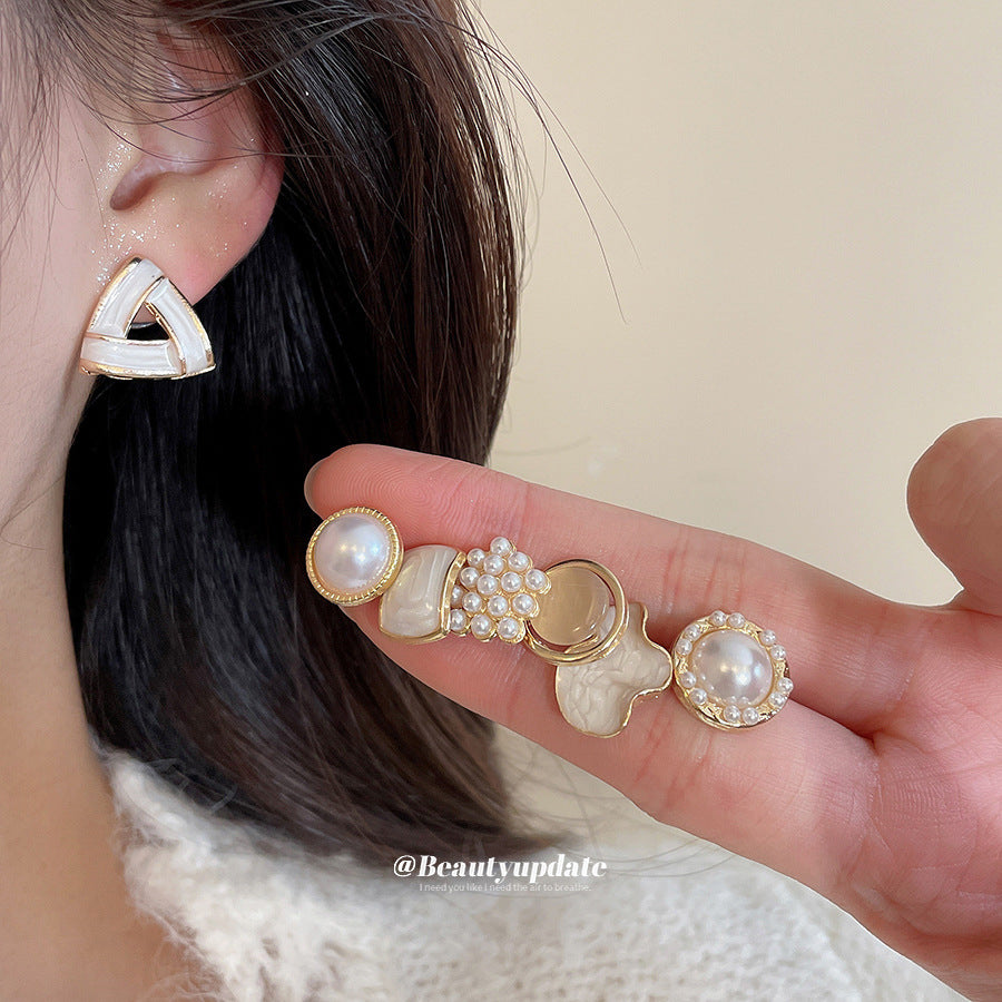 Elegantes pendientes de perlas ojo de gato, diseño geométrico minimalista, con acabado bañado en aceite, para mujer