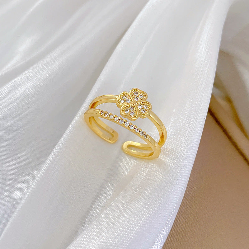 Sweet Minimalist Gold Plated Brass Floral Ring with Rhinestones Adjustable Open Band for Women and Couples