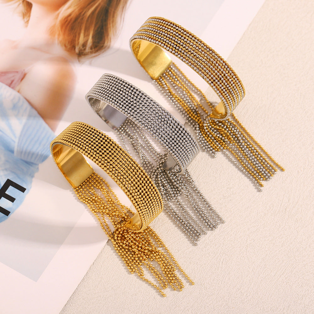 Minimalist Geometric Stainless Steel Plated 18K Gold Beaded Tassel Wide Cuff Bracelet for Women