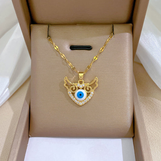 Collana girocollo di lusso a cuore e ali da donna in acciaio al titanio con finitura placcata, design geometrico, motivo luna, catena delicata