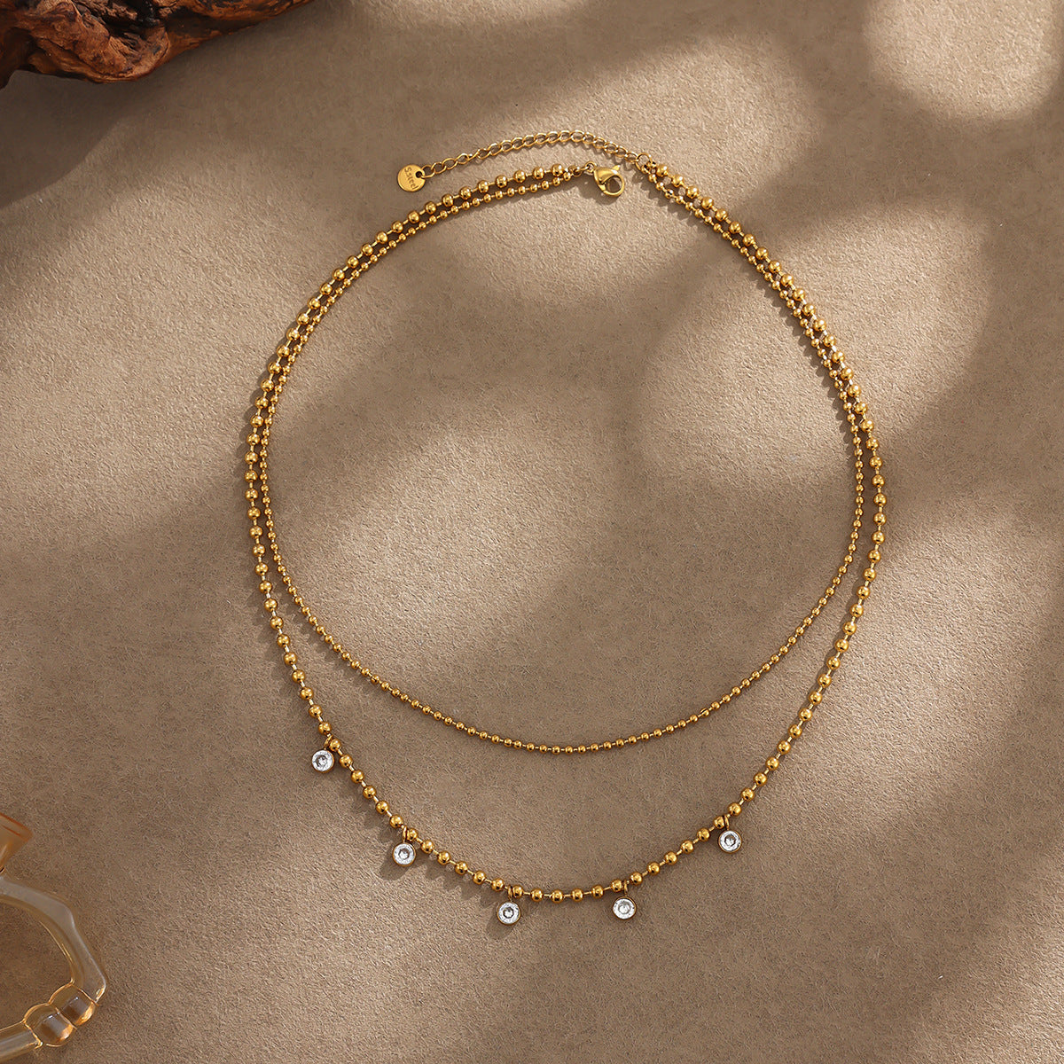 PVD 18K Gold Plated Stainless Steel Round Bead Cubic Zirconia Necklace for Women