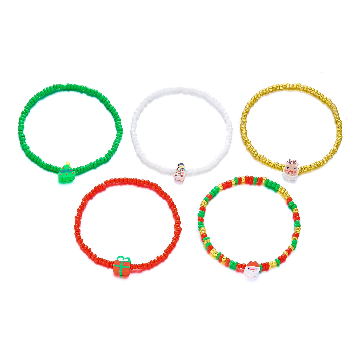 Set bracciale con ciondolo in lega a tema natalizio con charms di Babbo Natale, alci e pupazzi di neve e micro perle per stratificazione