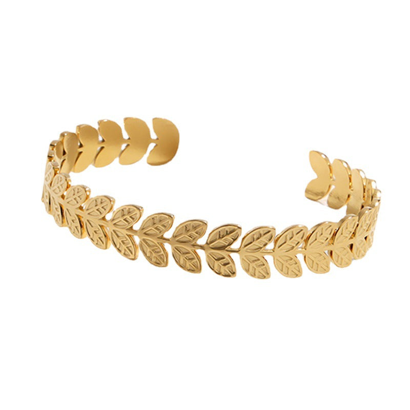 Fashion Leaf Design Adjustable C-Shape Bracelet 18K Gold Plated Stainless Steel Women Jewelry