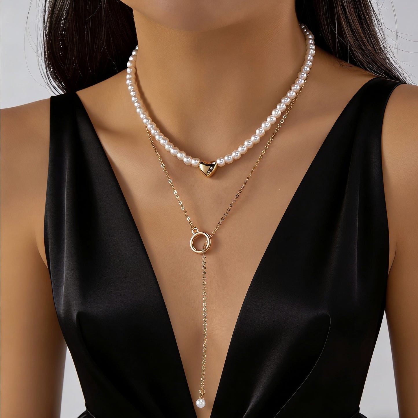 Collana Placcata in Lega con Fiocco a Cuore di Perle Barocche Irregolari Stile Francese Geometrico