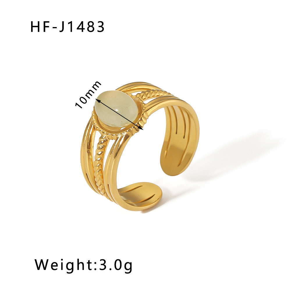 Vintage Geometric Round Emerald Green Natural Stone Stainless Steel Ring with 18K Gold Plating
