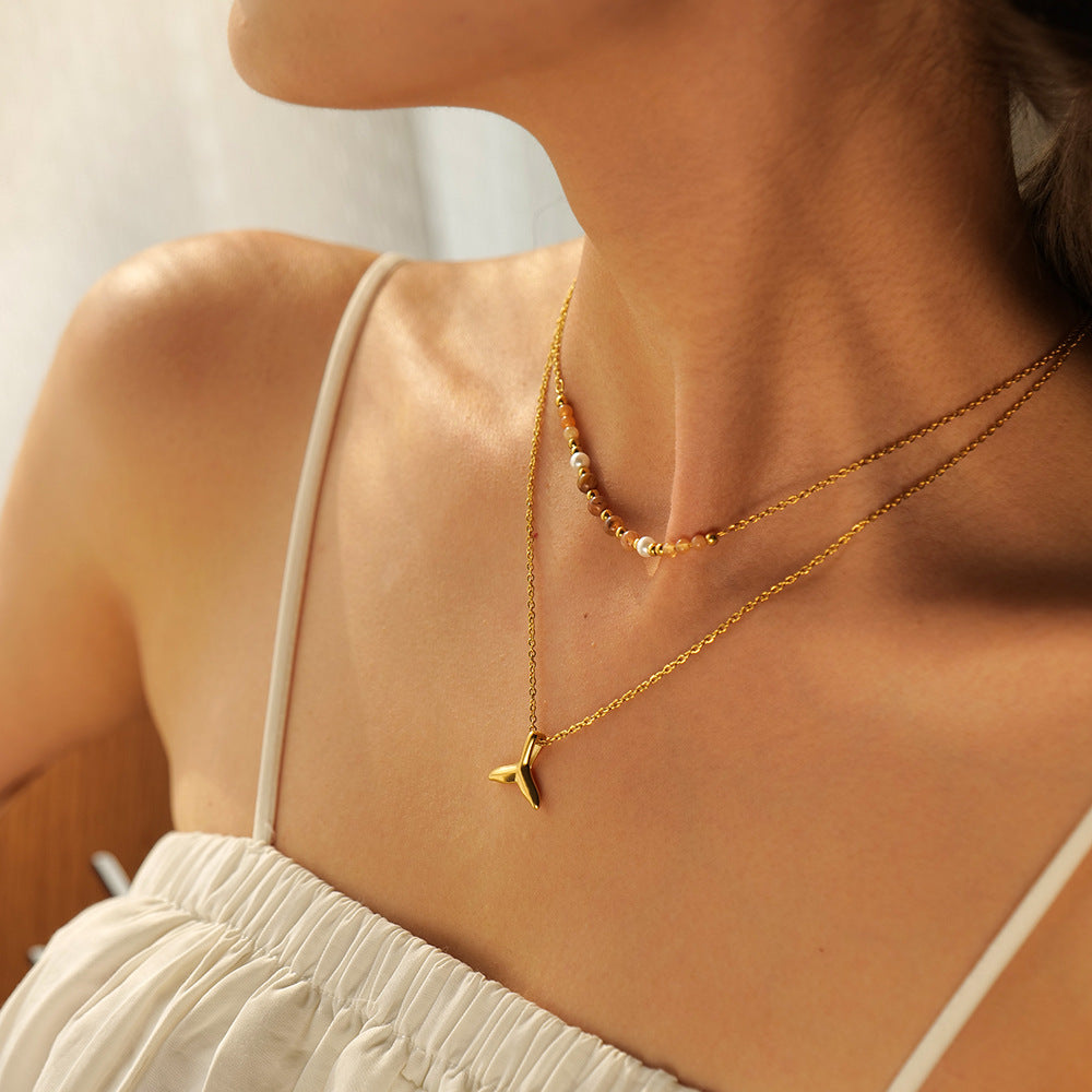 Fashionable 18K Gold Plated Stainless Steel Double Layer Fish Tail Pendant Necklace for Women