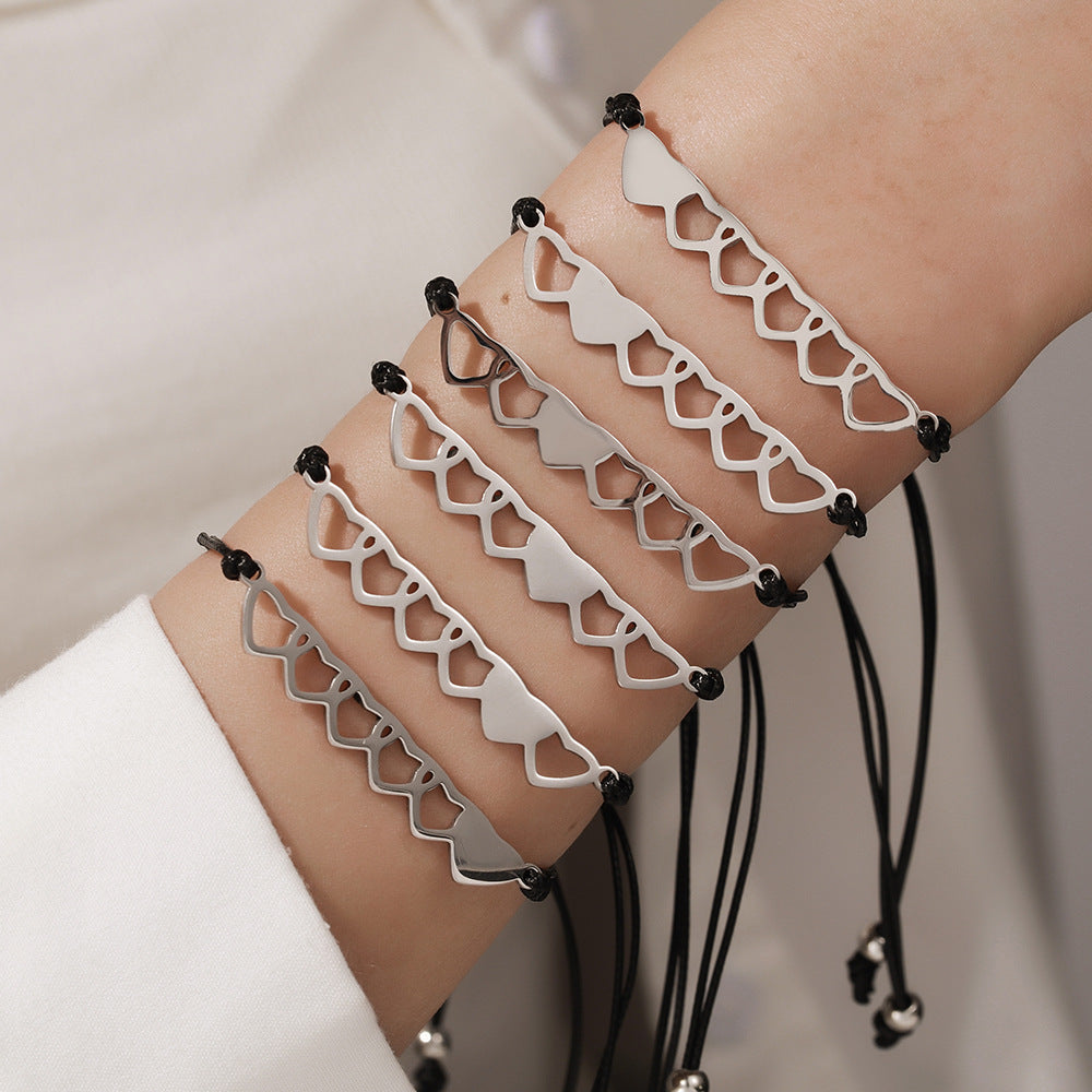 Set di bracciali con cuore vuoto minimalista in cordino cerato intrecciato in acciaio in titanio per uomo e donna